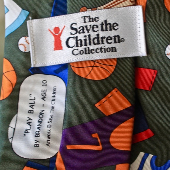 SAVE THE CHILDREN COLLECTION MENS TIE PLAY BALL SILK HAND MADE USA OLIVE SPORTS - Picture 6 of 7